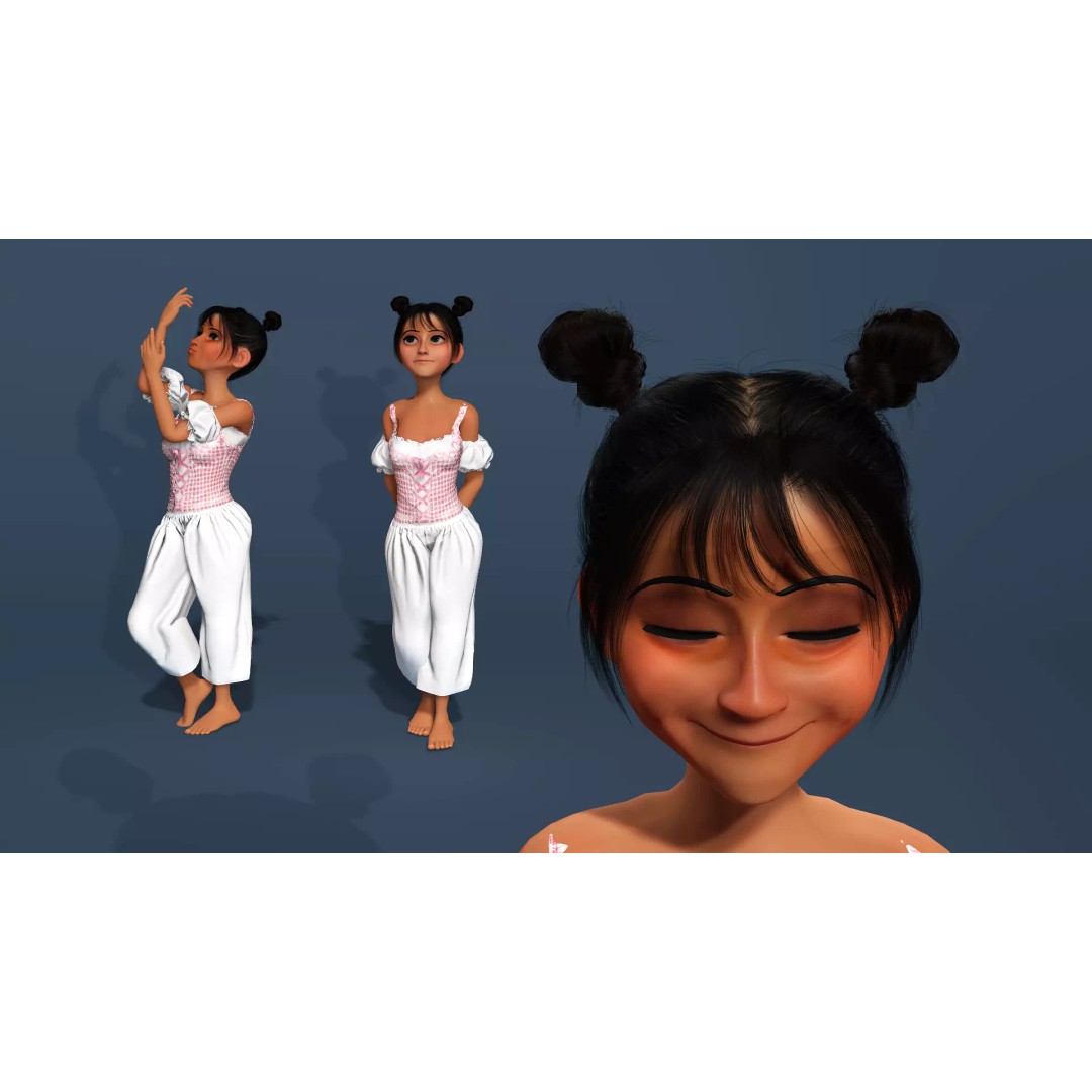 Charming Cartoon Girl 3D Model – Game Ready, Rigged, Blender & FBX - View 9