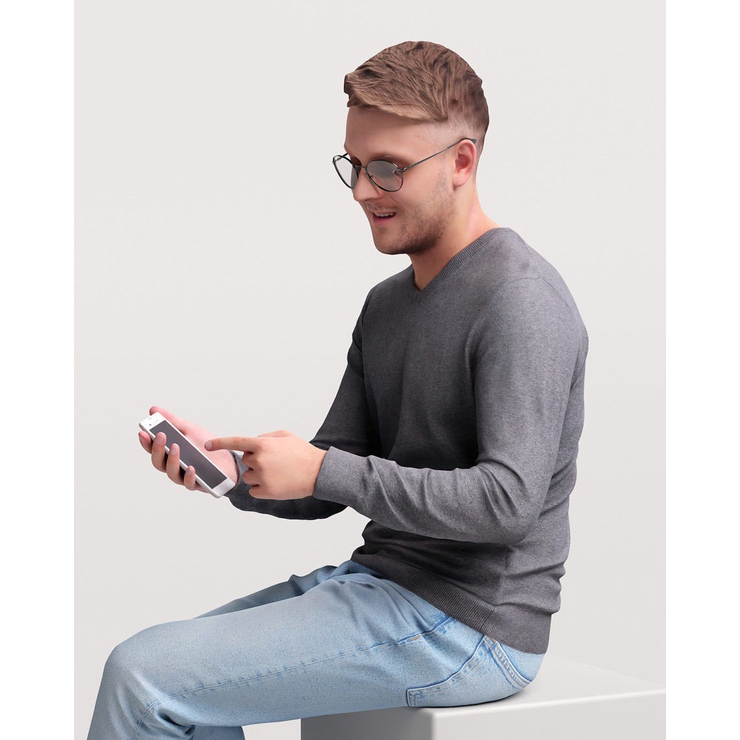 Humano Sitting Man 3D Model – Realistic Casual Character with Phone - View 10