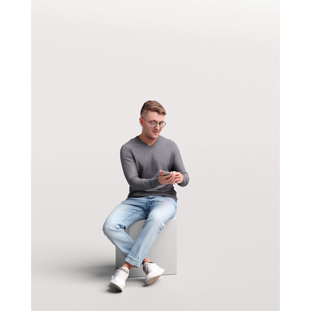 Humano Sitting Man 3D Model – Realistic Casual Character with Phone - View 3