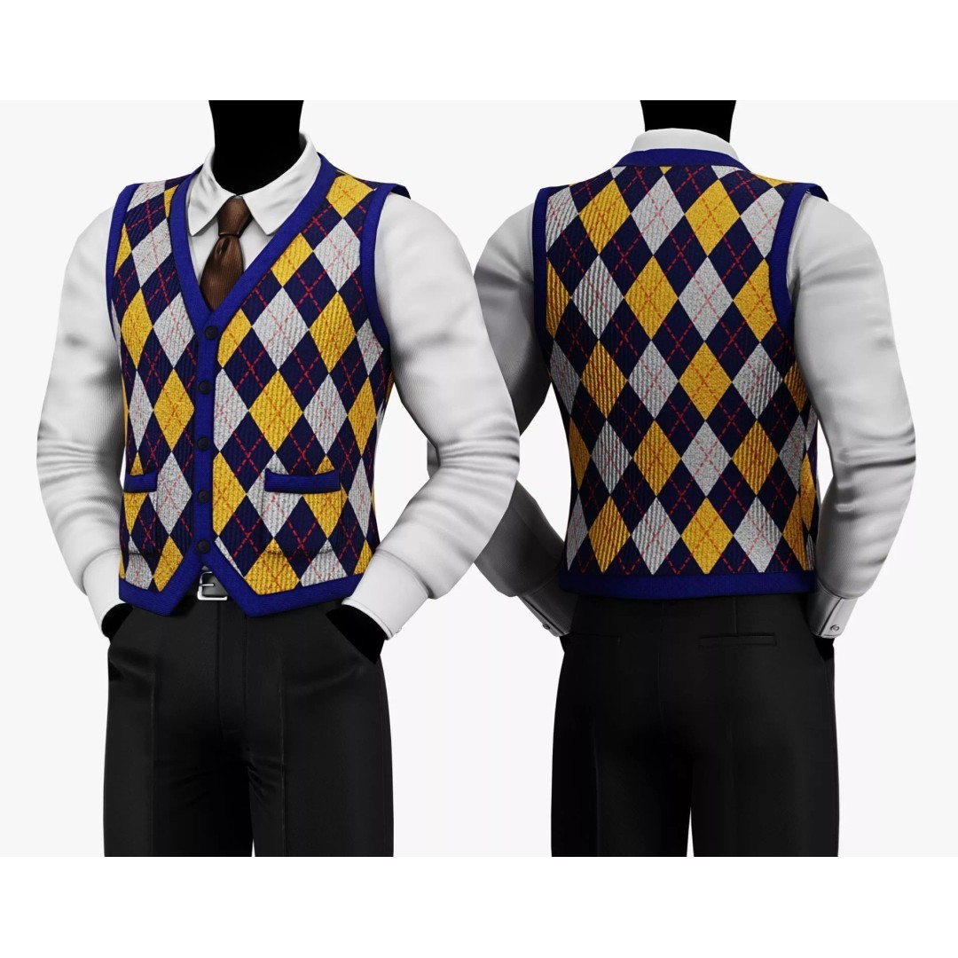 Vintage Argyle Sweater Vest 3D Model – Low Poly Game Asset, PBR Textures - View 12