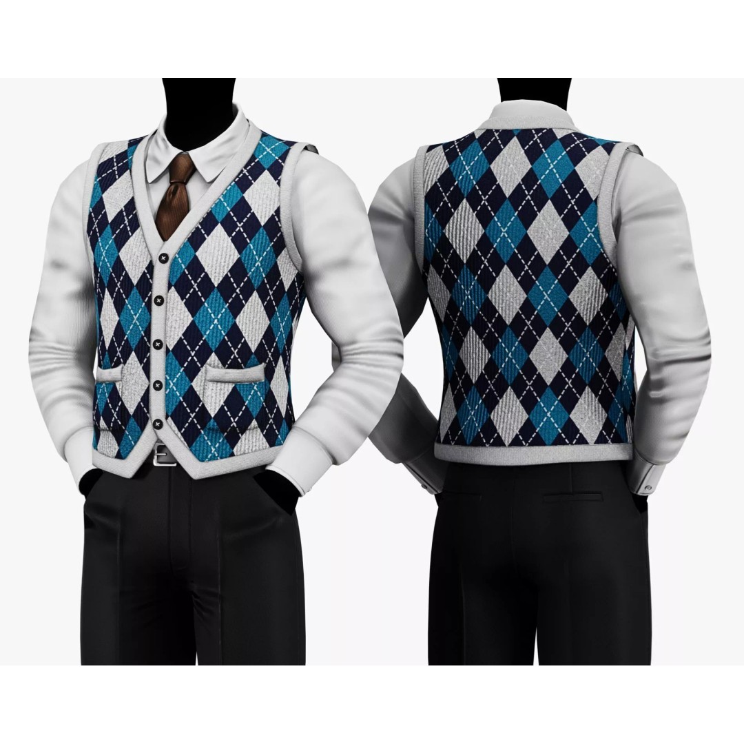 Vintage Argyle Sweater Vest 3D Model – Low Poly Game Asset, PBR Textures - View 14