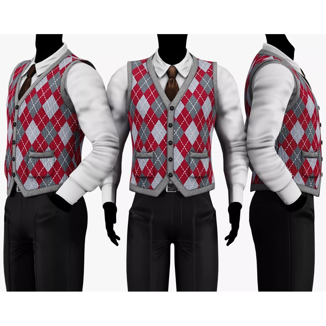 Vintage Argyle Sweater Vest 3D Model – Low Poly Game Asset, PBR Textures - View 15