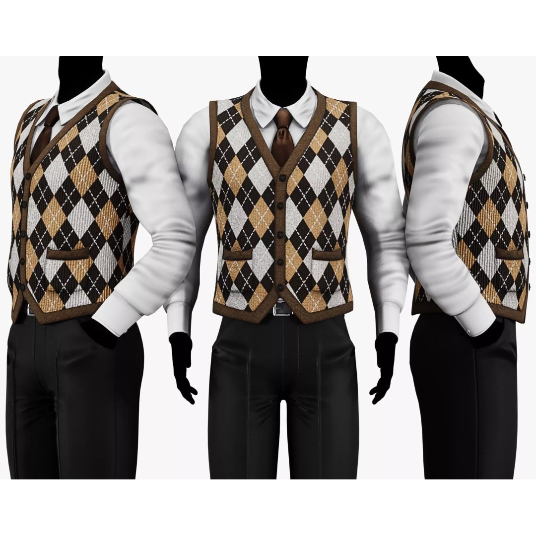 Vintage Argyle Sweater Vest 3D Model – Low Poly Game Asset, PBR Textures - View 16