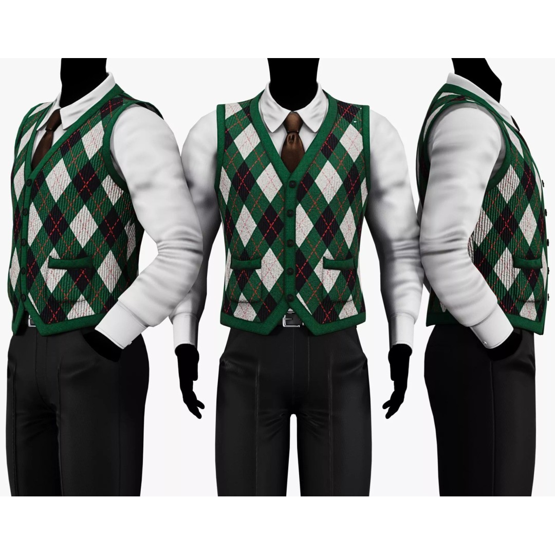 Vintage Argyle Sweater Vest 3D Model – Low Poly Game Asset, PBR Textures - View 17