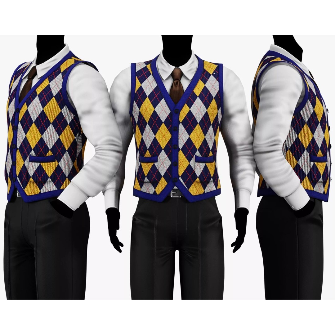 Vintage Argyle Sweater Vest 3D Model – Low Poly Game Asset, PBR Textures - View 18