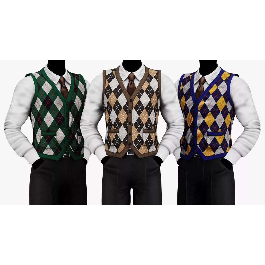 Vintage Argyle Sweater Vest 3D Model – Low Poly Game Asset, PBR Textures - View 2