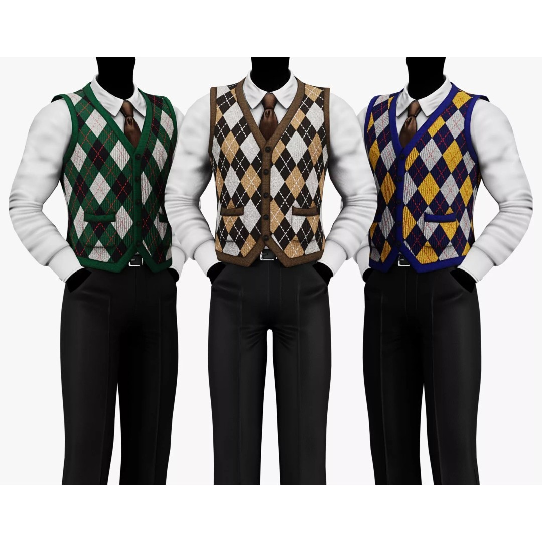 Vintage Argyle Sweater Vest 3D Model – Low Poly Game Asset, PBR Textures - View 3