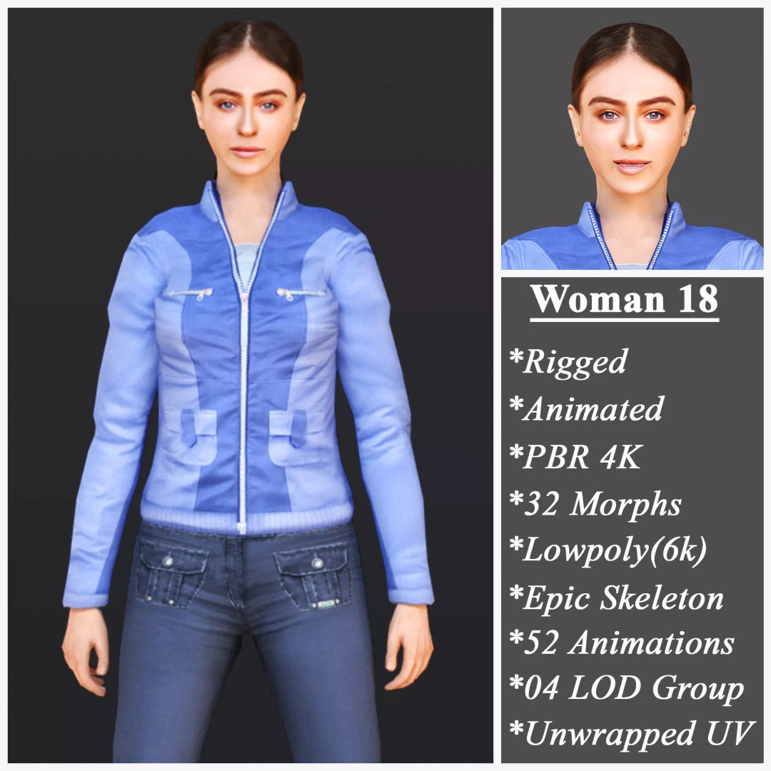 Woman 3D Model – Low Poly Female Character with 52 Animations - View 2
