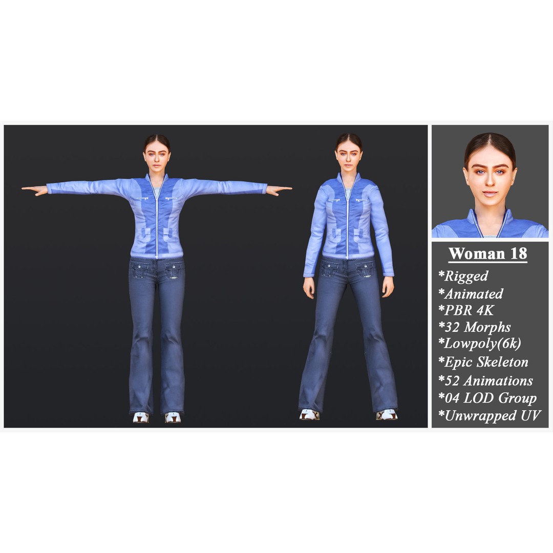 Woman 3D Model – Low Poly Female Character with 52 Animations - View 3