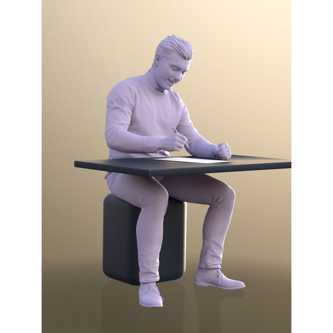 Office Guy 3D Model – Low Poly Character at Desk Writing, FBX, OBJ
