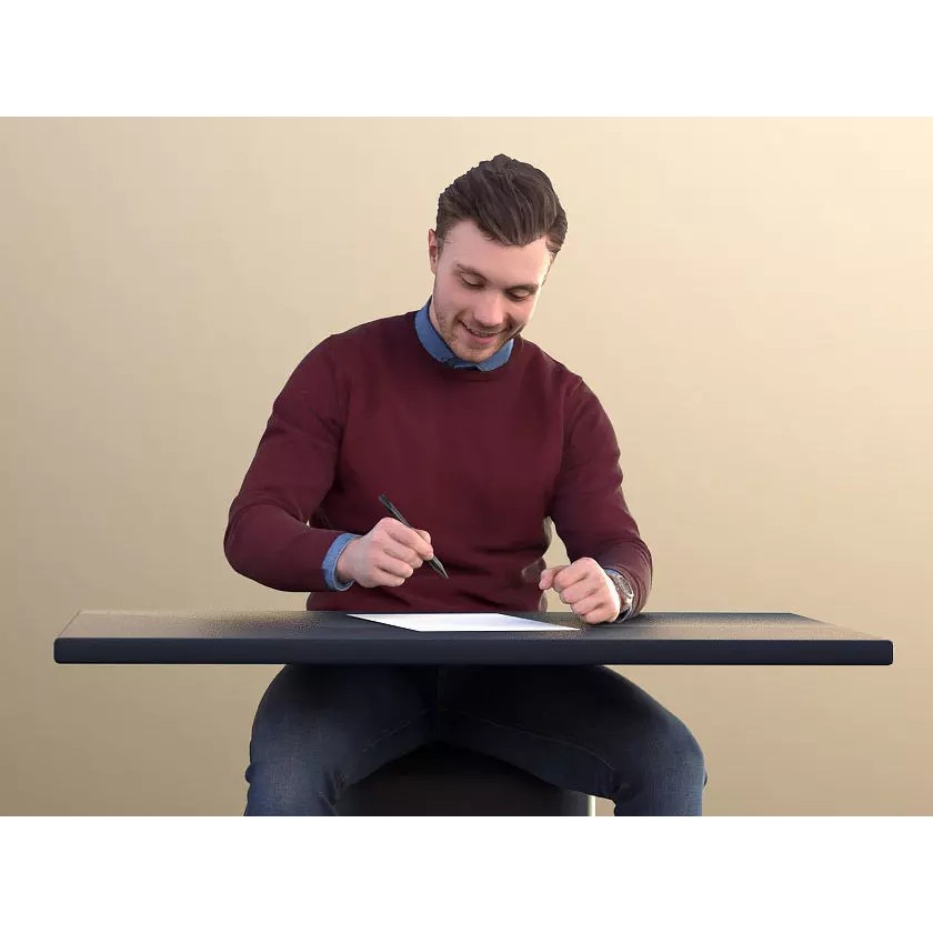 Office Guy 3D Model – Low Poly Character at Desk Writing, FBX, OBJ - View 2