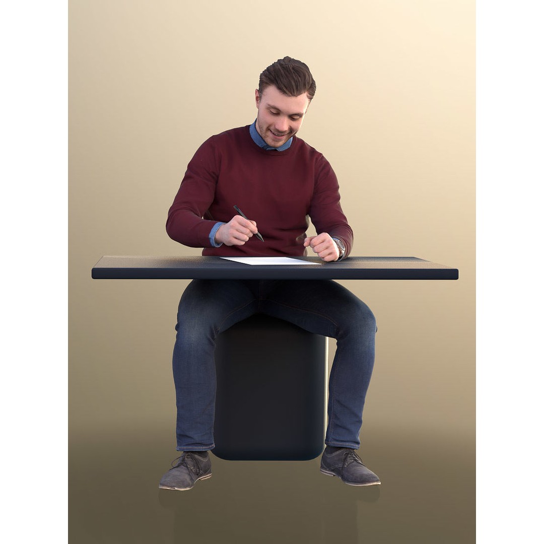 Office Guy 3D Model – Low Poly Character at Desk Writing, FBX, OBJ - View 3