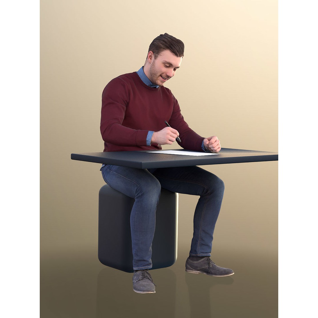 Office Guy 3D Model – Low Poly Character at Desk Writing, FBX, OBJ - View 4