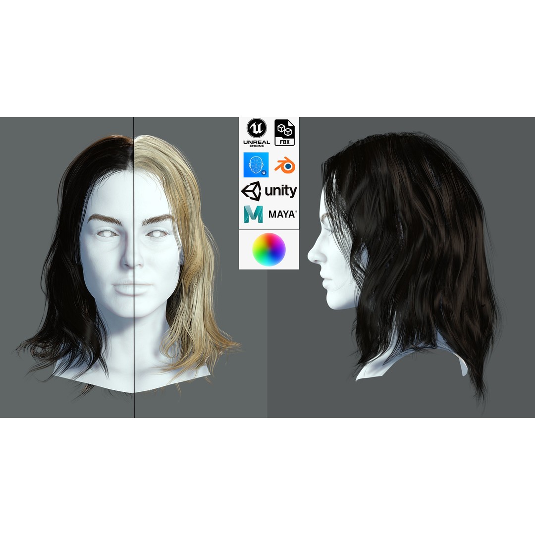 Realistic Female Hair Card 3D Model – Low-Poly Game Asset, FBX - View 3