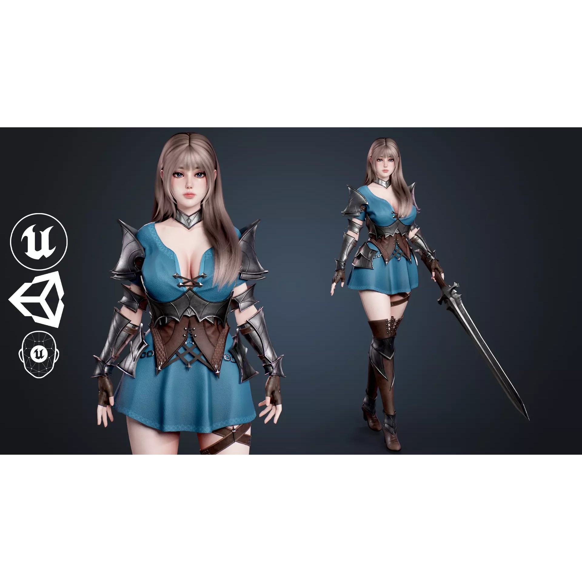 Knight Girl Elaine - Low-Poly Game-Ready 3D Model - View 2