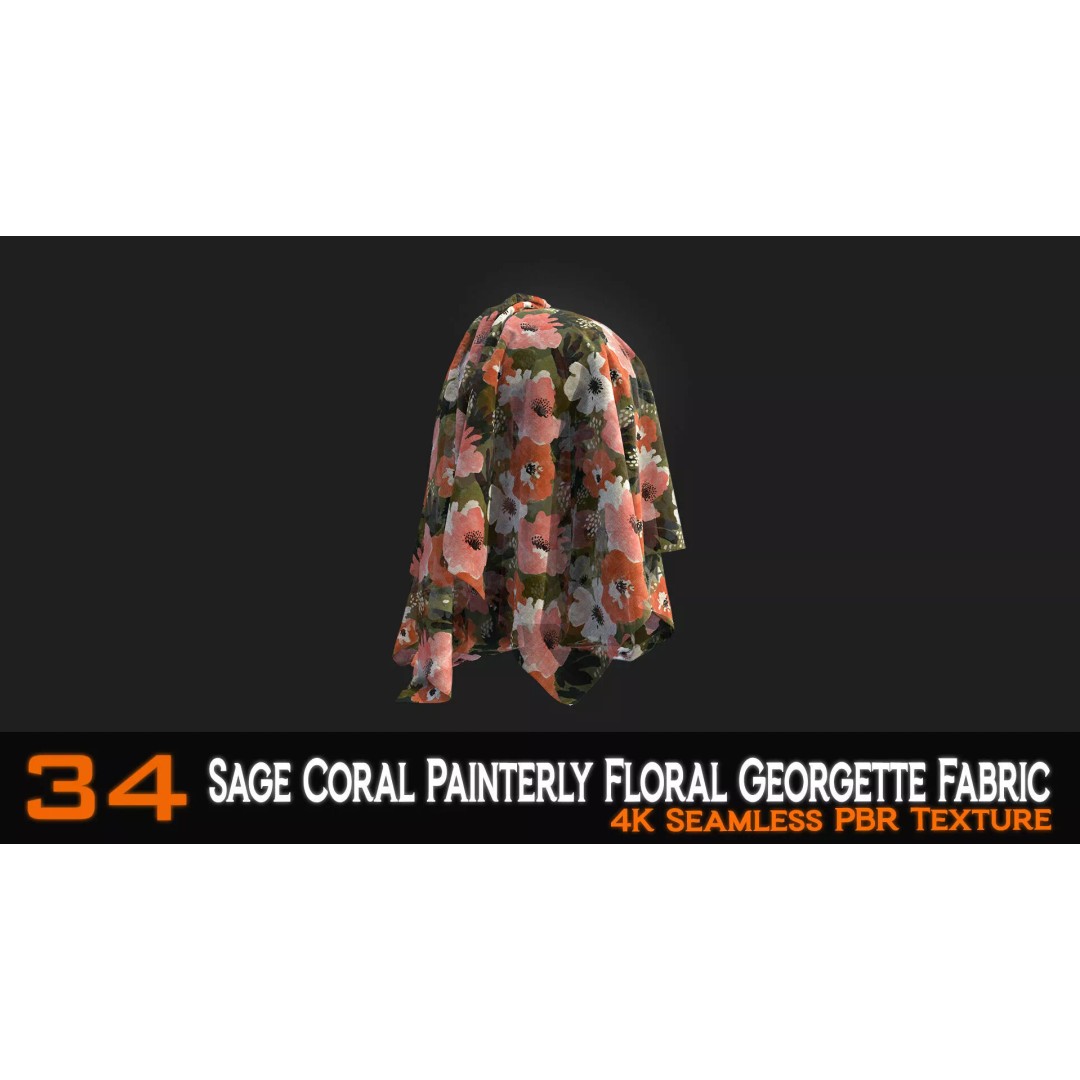 Sage Coral Floral Georgette Fabric Patterns 3D Model – PBR Textures, 4K