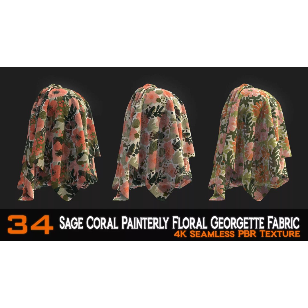 Sage Coral Floral Georgette Fabric Patterns 3D Model – PBR Textures, 4K - View 10