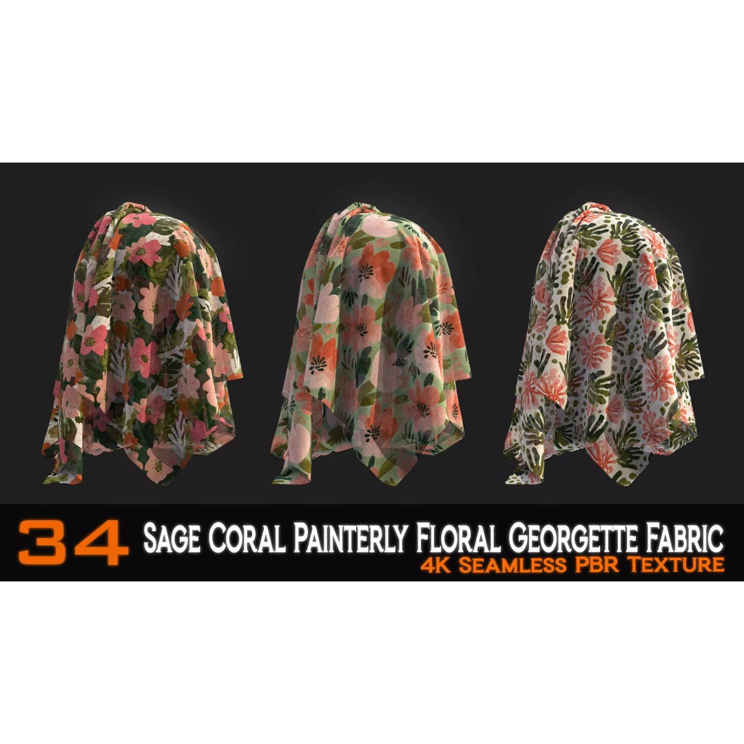 Sage Coral Floral Georgette Fabric Patterns 3D Model – PBR Textures, 4K - View 11