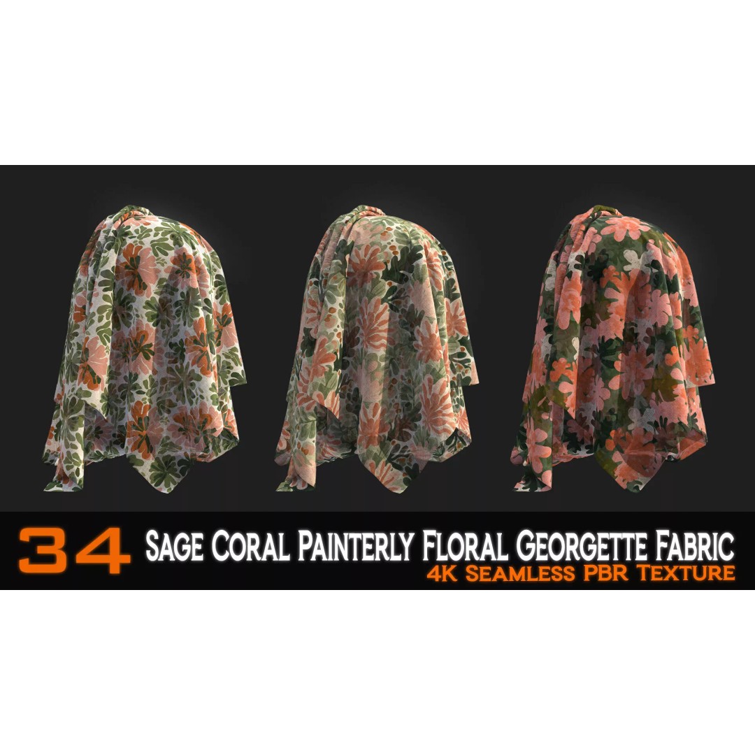 Sage Coral Floral Georgette Fabric Patterns 3D Model – PBR Textures, 4K - View 12
