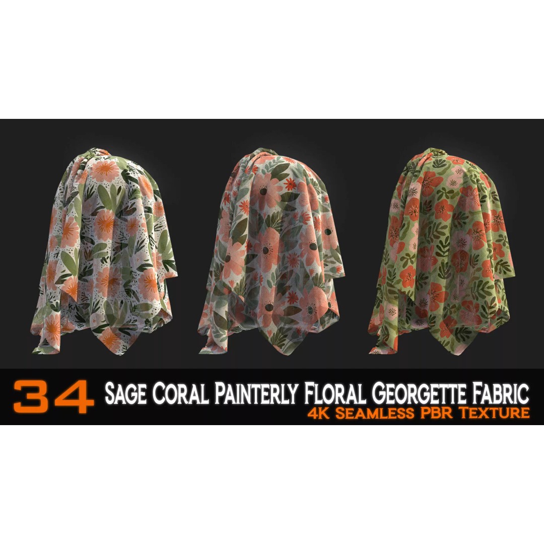 Sage Coral Floral Georgette Fabric Patterns 3D Model – PBR Textures, 4K - View 13