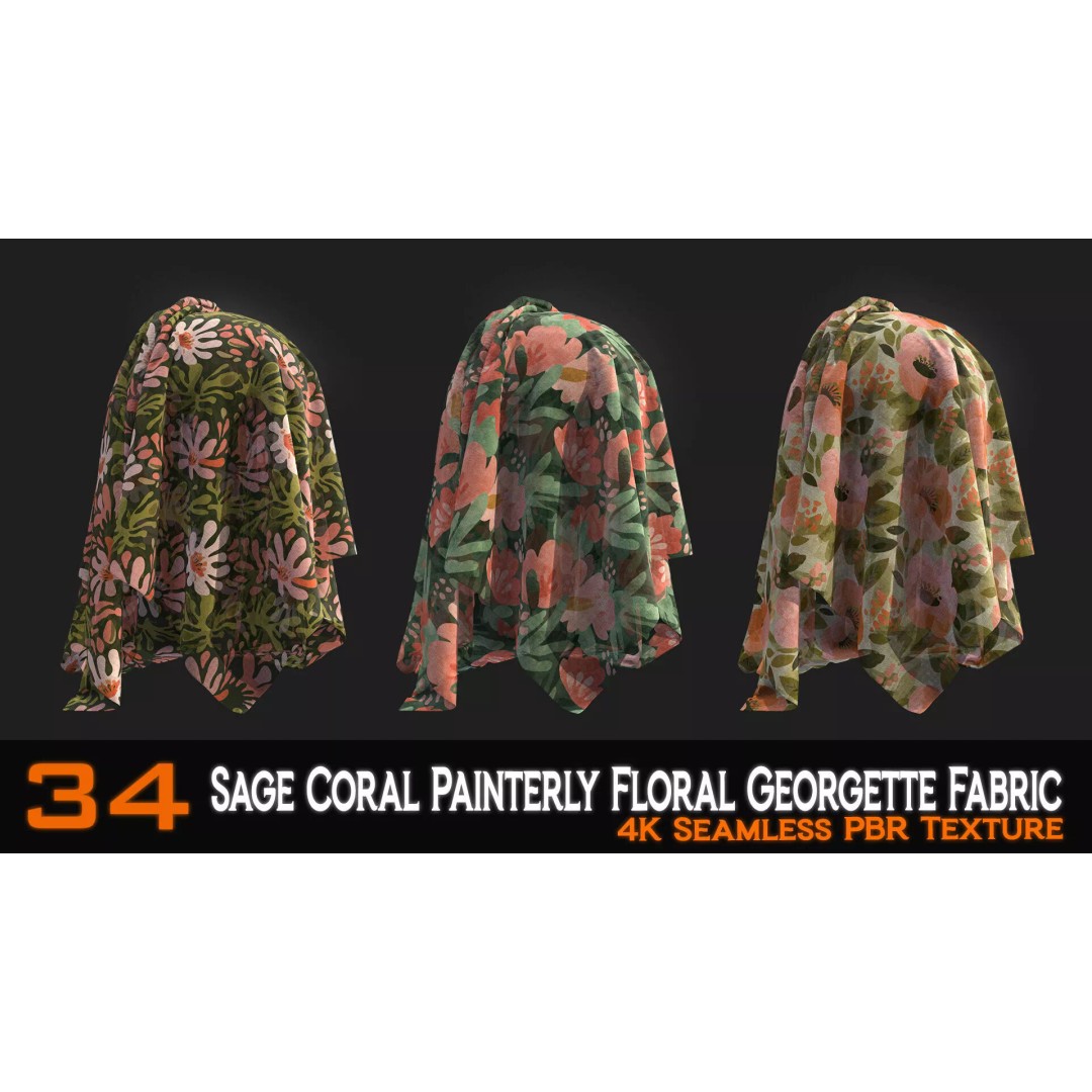 Sage Coral Floral Georgette Fabric Patterns 3D Model – PBR Textures, 4K - View 14