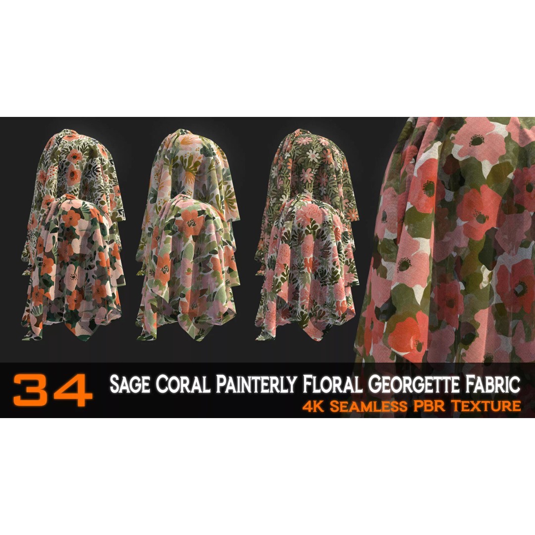 Sage Coral Floral Georgette Fabric Patterns 3D Model – PBR Textures, 4K - View 2