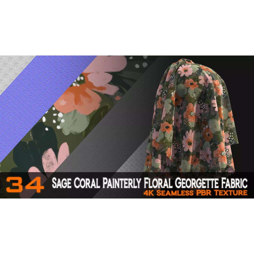Sage Coral Floral Georgette Fabric Patterns 3D Model – PBR Textures, 4K - View 3