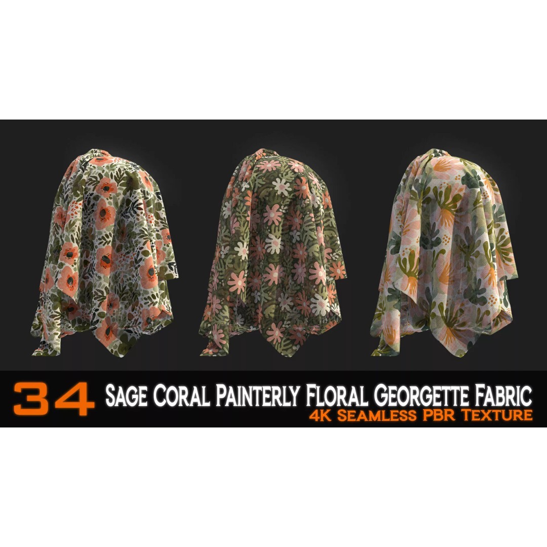 Sage Coral Floral Georgette Fabric Patterns 3D Model – PBR Textures, 4K - View 4