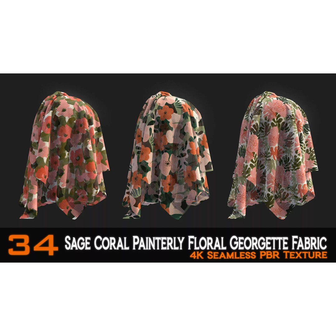 Sage Coral Floral Georgette Fabric Patterns 3D Model – PBR Textures, 4K - View 5