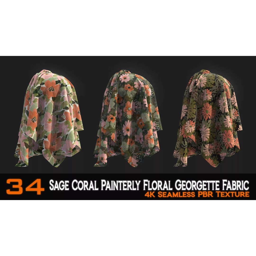 Sage Coral Floral Georgette Fabric Patterns 3D Model – PBR Textures, 4K - View 6
