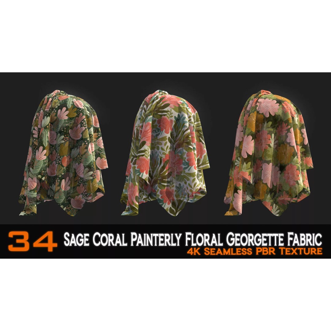 Sage Coral Floral Georgette Fabric Patterns 3D Model – PBR Textures, 4K - View 7