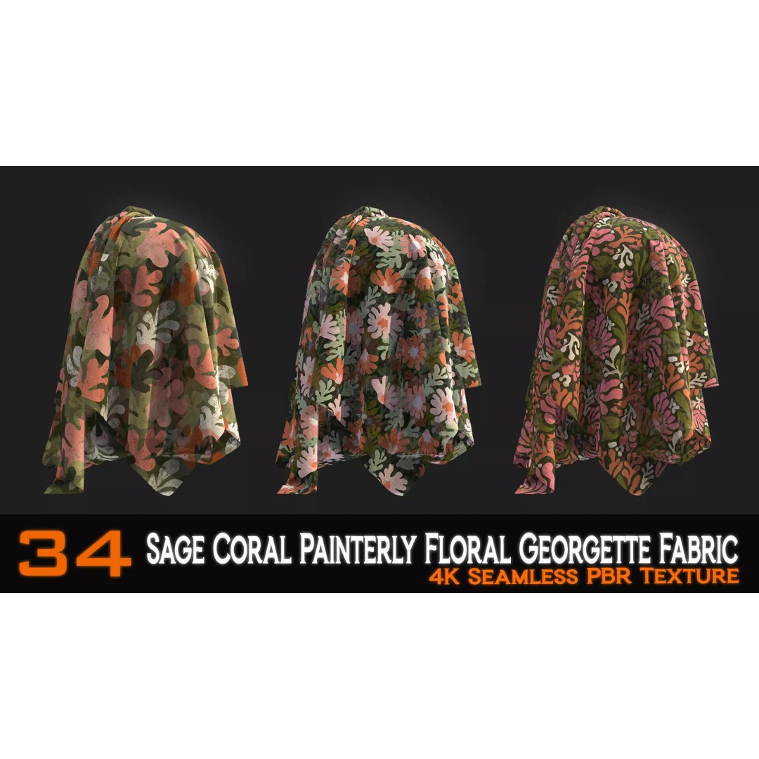 Sage Coral Floral Georgette Fabric Patterns 3D Model – PBR Textures, 4K - View 8