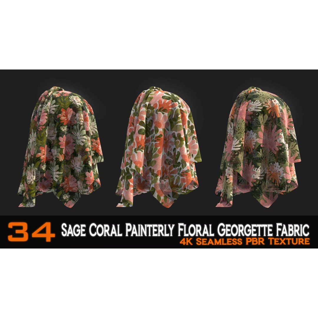 Sage Coral Floral Georgette Fabric Patterns 3D Model – PBR Textures, 4K - View 9