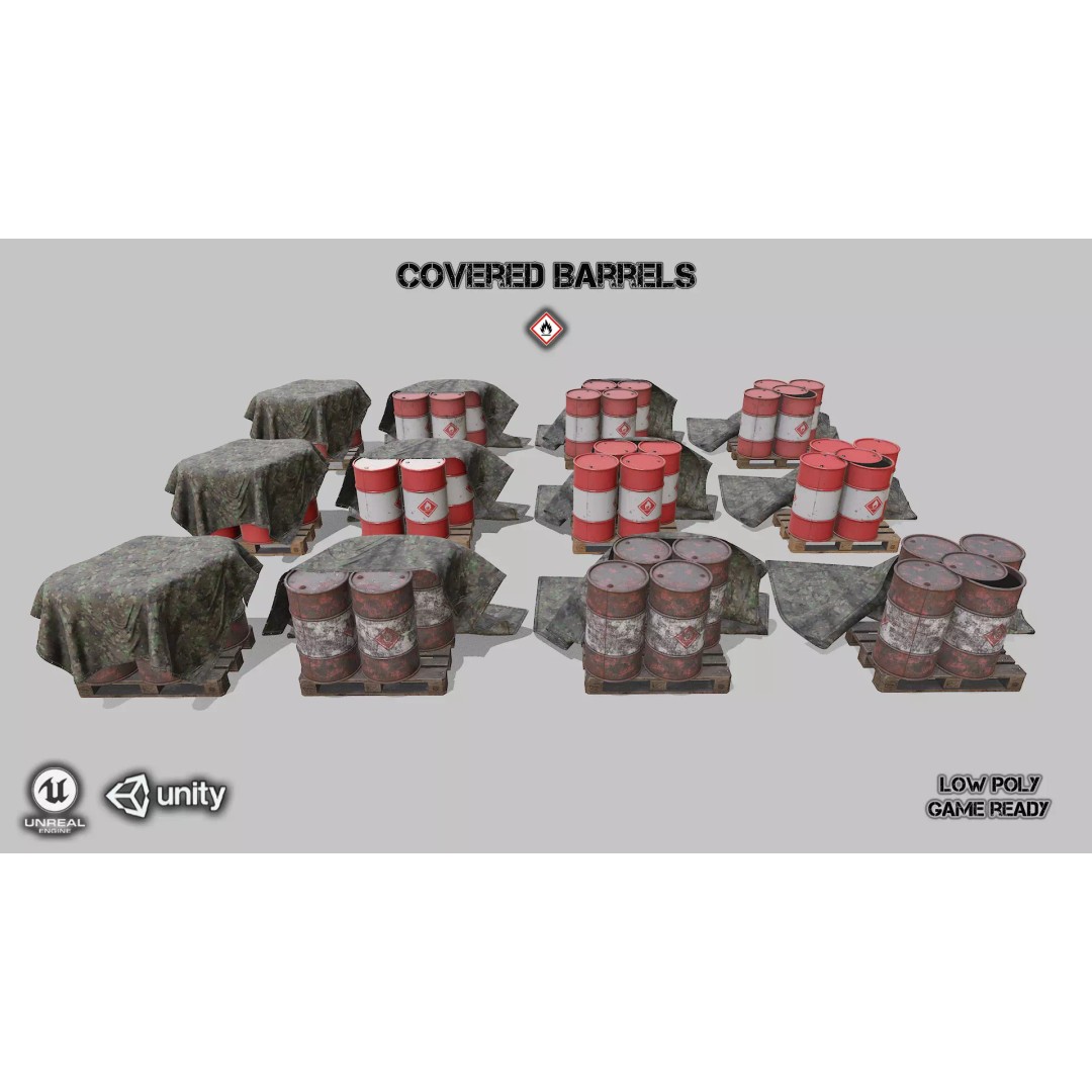 Covered Barrels 3D Model – Low Poly Game Asset, FBX, PBR Textures - View 2