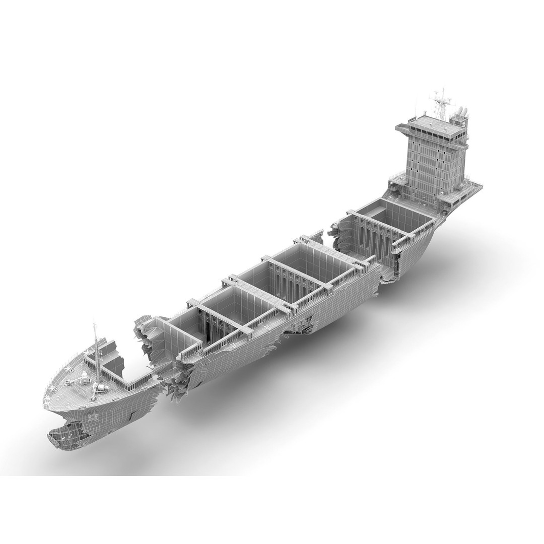 Burned Ship 3D Model – High Quality PBR Container Feeder, FBX