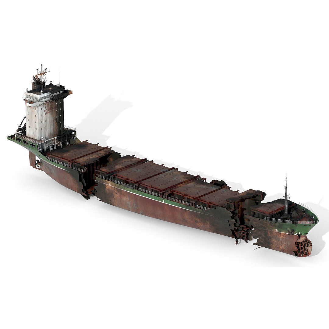 Burned Ship 3D Model – High Quality PBR Container Feeder, FBX - View 3