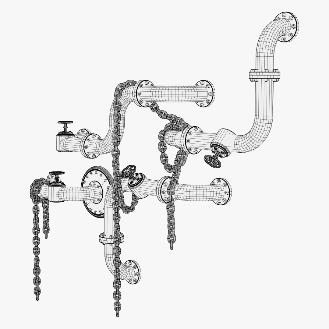 Industrial Pipe System 3D Model – Metal Infrastructure with Chains, FBX