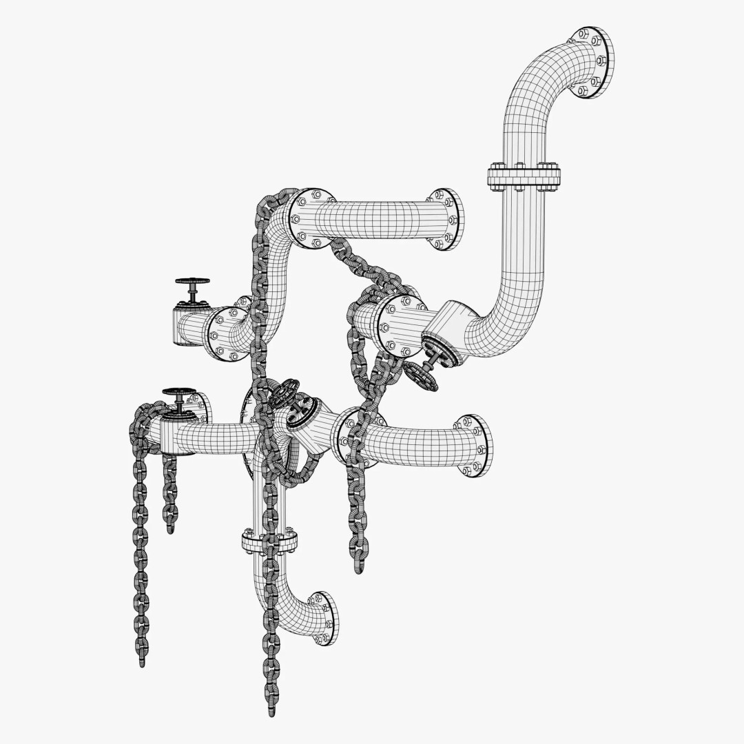 Industrial Pipe System 3D Model – Metal Infrastructure with Chains, FBX - View 10