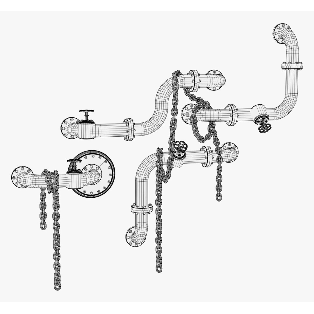 Industrial Pipe System 3D Model – Metal Infrastructure with Chains, FBX - View 11
