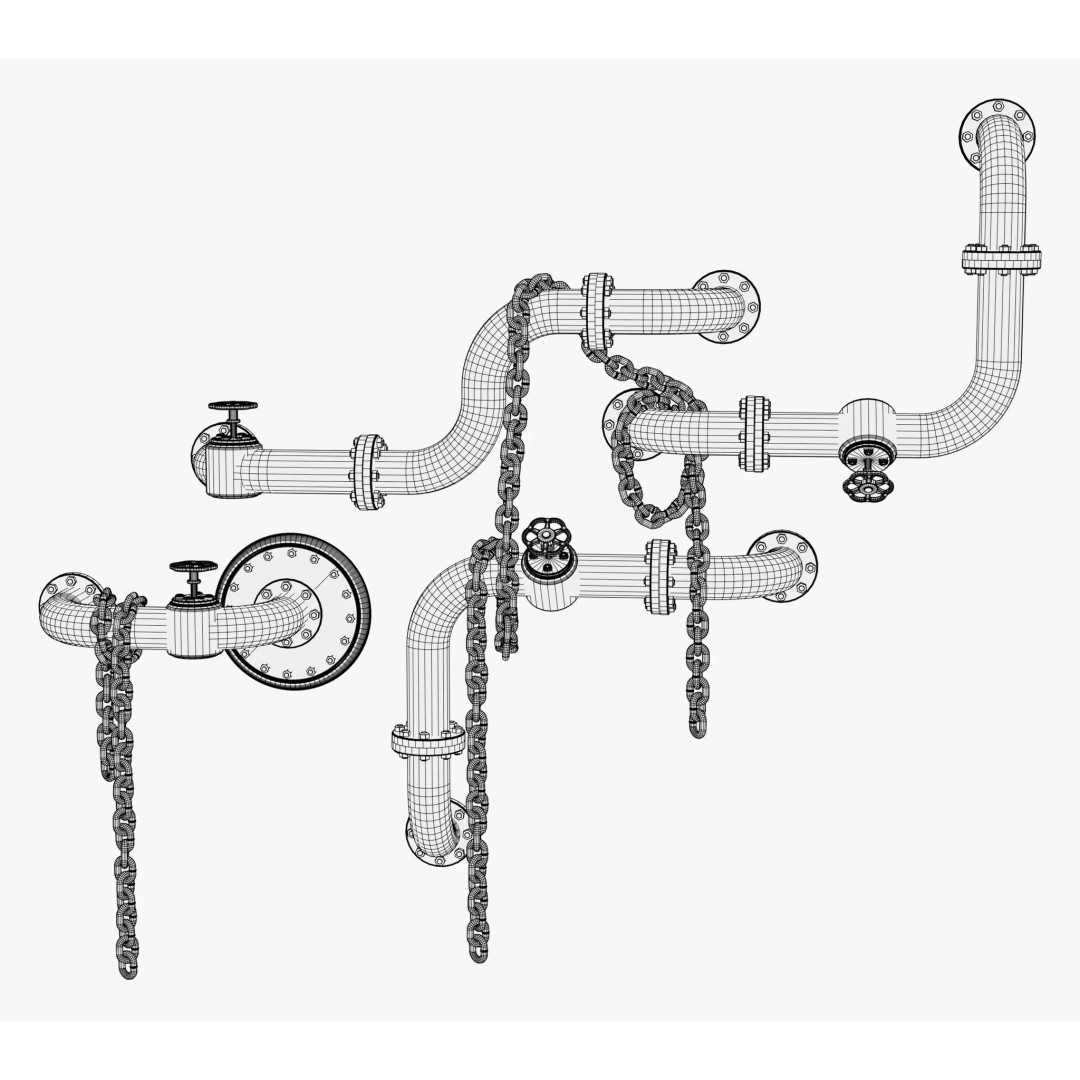 Industrial Pipe System 3D Model – Metal Infrastructure with Chains, FBX - View 12