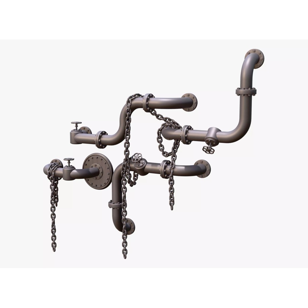 Industrial Pipe System 3D Model – Metal Infrastructure with Chains, FBX - View 2
