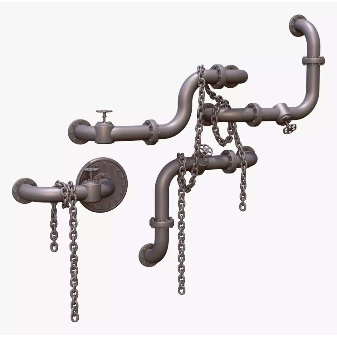 Industrial Pipe System 3D Model – Metal Infrastructure with Chains, FBX - View 3