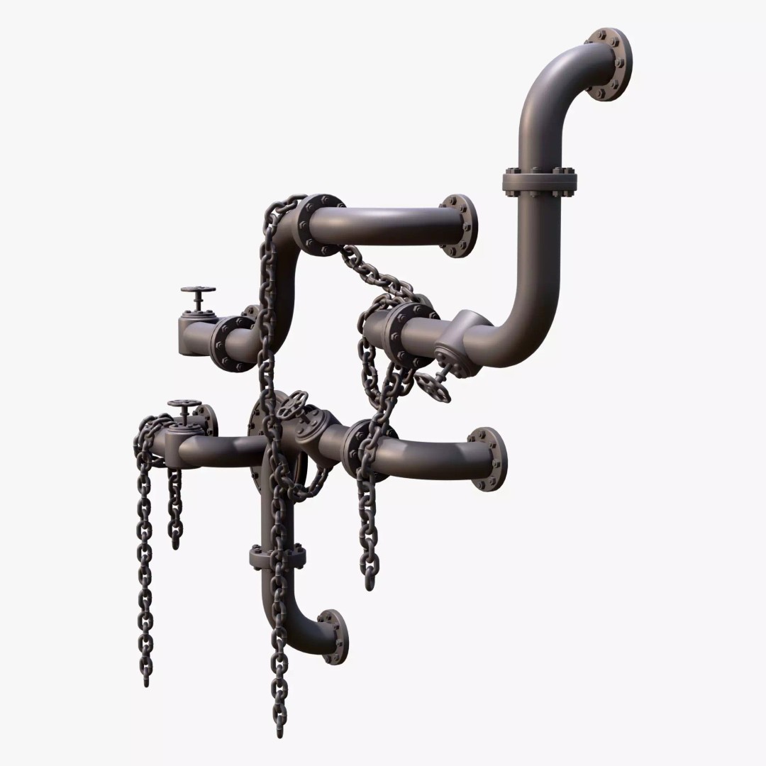 Industrial Pipe System 3D Model – Metal Infrastructure with Chains, FBX - View 4