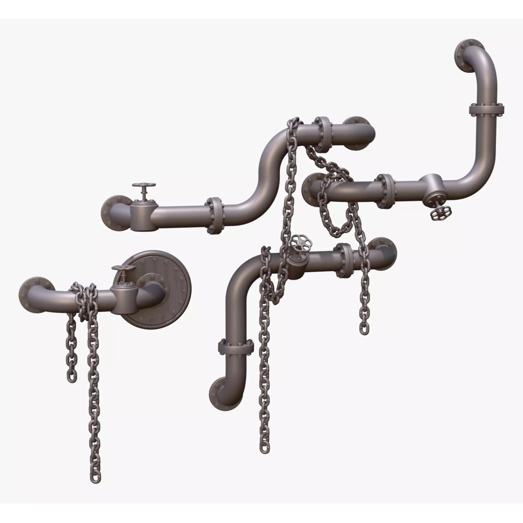 Industrial Pipe System 3D Model – Metal Infrastructure with Chains, FBX - View 5
