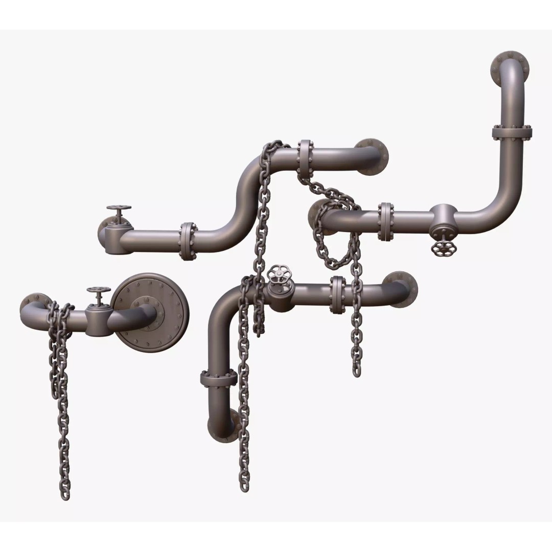Industrial Pipe System 3D Model – Metal Infrastructure with Chains, FBX - View 6