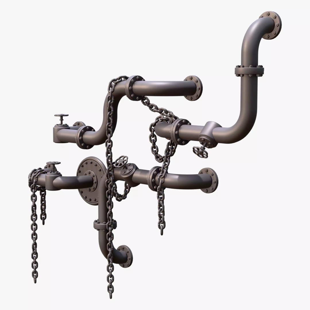 Industrial Pipe System 3D Model – Metal Infrastructure with Chains, FBX - View 7