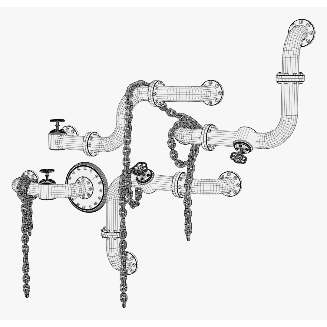 Industrial Pipe System 3D Model – Metal Infrastructure with Chains, FBX - View 8