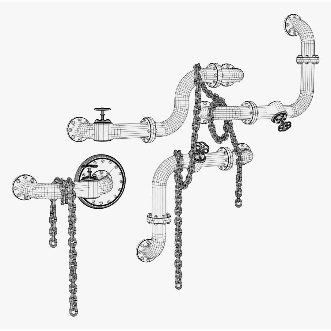 Industrial Pipe System 3D Model – Metal Infrastructure with Chains, FBX - View 9