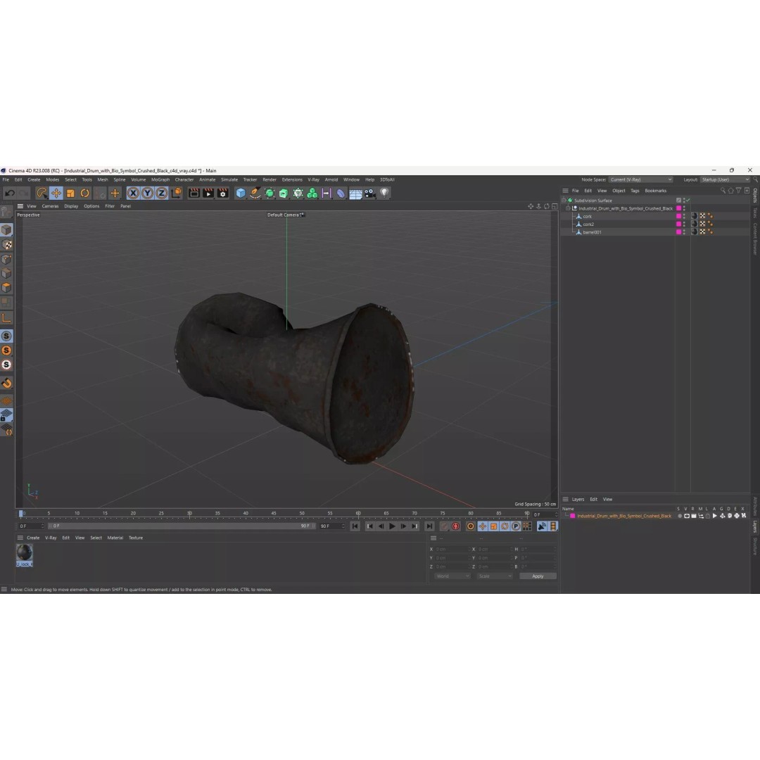 Industrial Drum 3D Model – Crushed Black with Biohazard Symbol, FBX