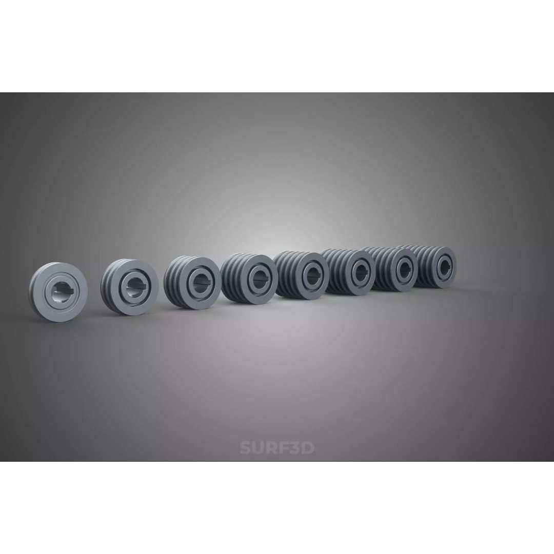 Set Standard Pulley Sheave 3D Model – Multi Groove V Belt Gear, FBX - View 17